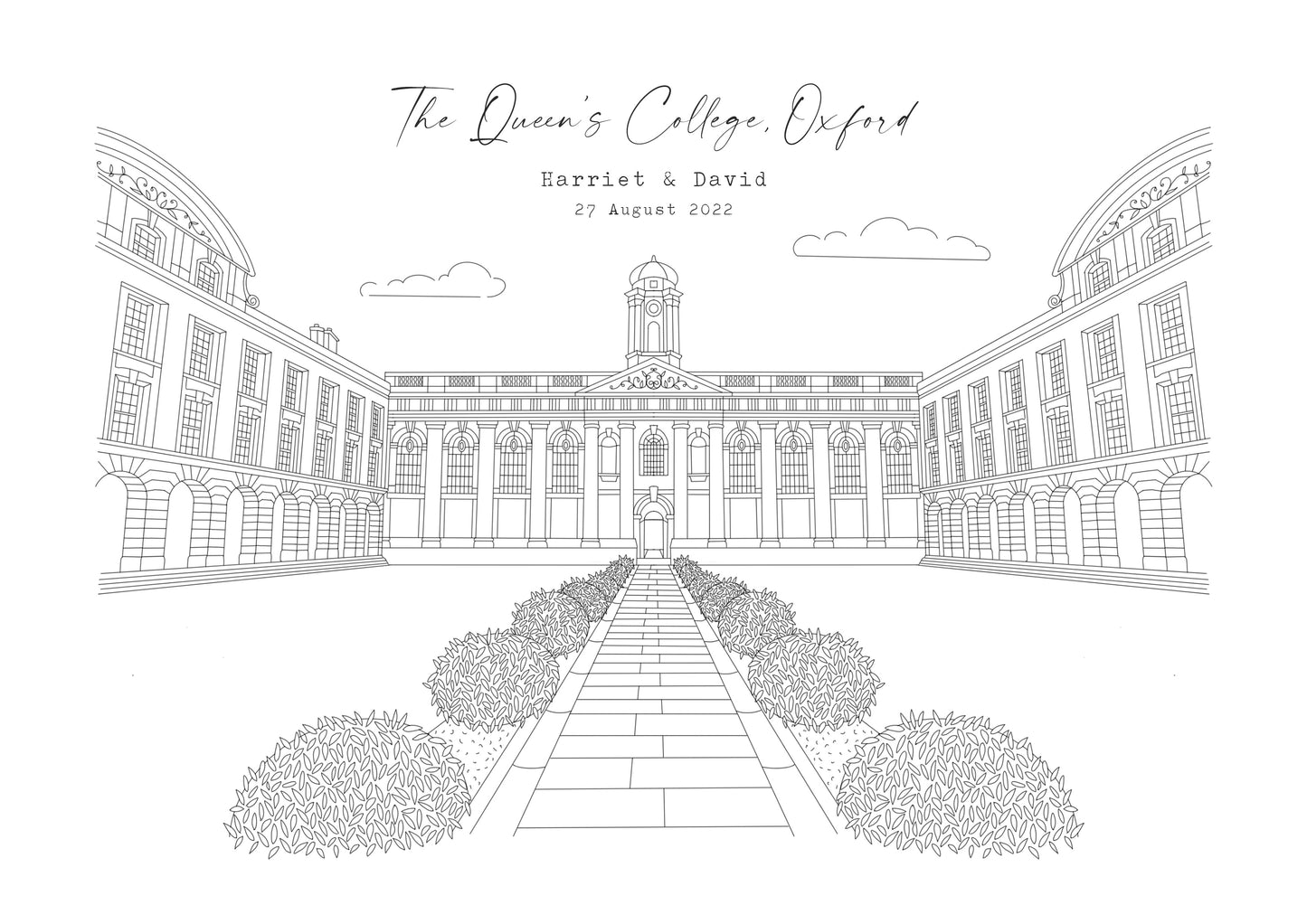 QUEEN'S COLLEGE, OXFORD - Hand Drawn Wedding Venue Print- Wedding Gift, 1st Wedding Anniversary Present - DIGITAL PRINT (Copy)