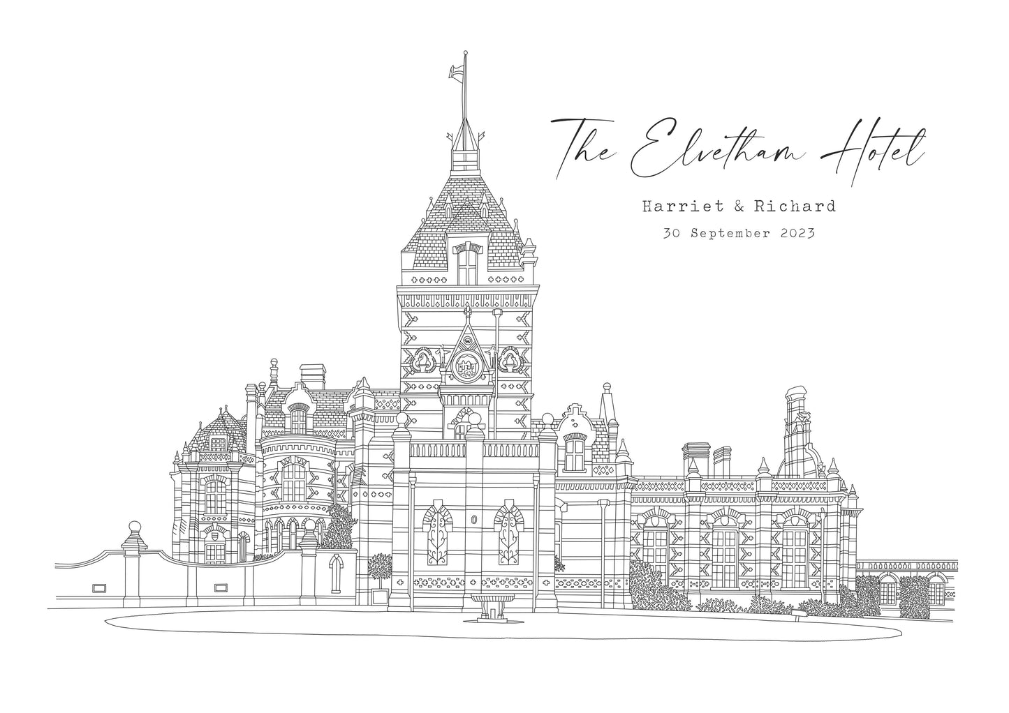 THE ELVETHAM HOTEL - Hand Drawn Wedding Venue Print- Wedding Gift, 1st Wedding Anniversary Present - DIGITAL PRINT