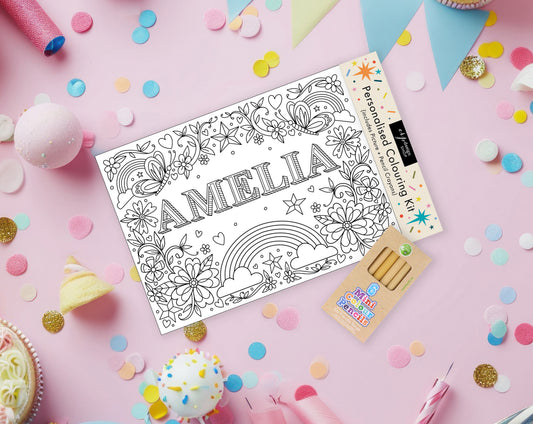 Personalised Colouring Kit (Includes Pencils) – BUTTERFLIES + FLORAL theme - party bags - party activity