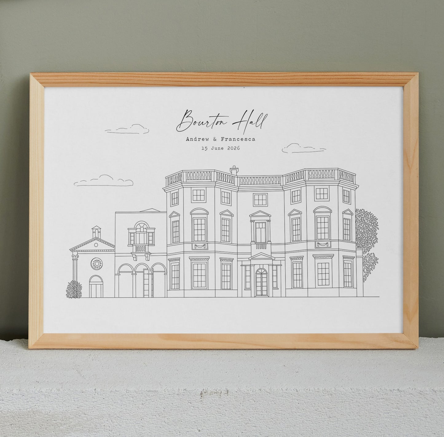 BOURTON HALL - Hand Drawn Wedding Venue Print- Wedding Gift, 1st Wedding Anniversary Present - DIGITAL PRINT