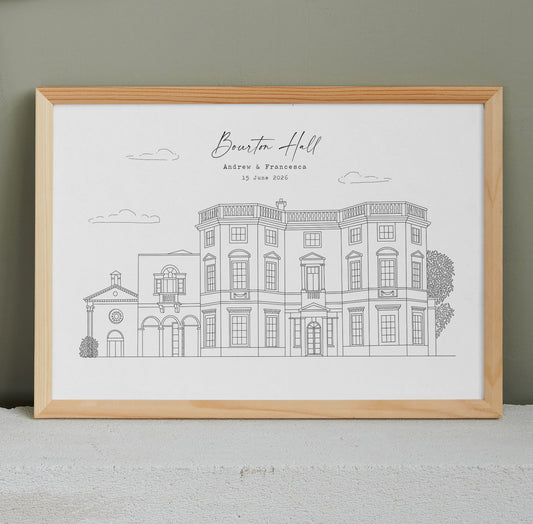 BOURTON HALL - Hand Drawn Wedding Venue Print- Wedding Gift, 1st Wedding Anniversary Present - DIGITAL PRINT