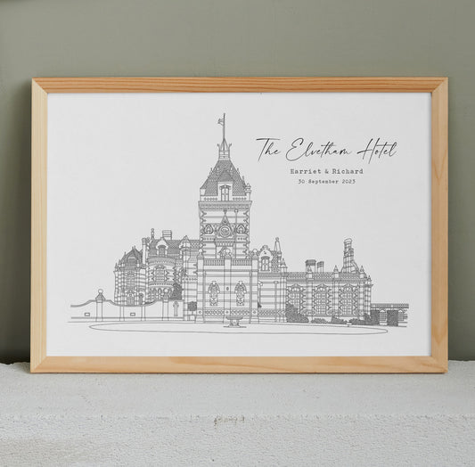 THE ELVETHAM HOTEL - Hand Drawn Wedding Venue Print- Wedding Gift, 1st Wedding Anniversary Present - DIGITAL PRINT
