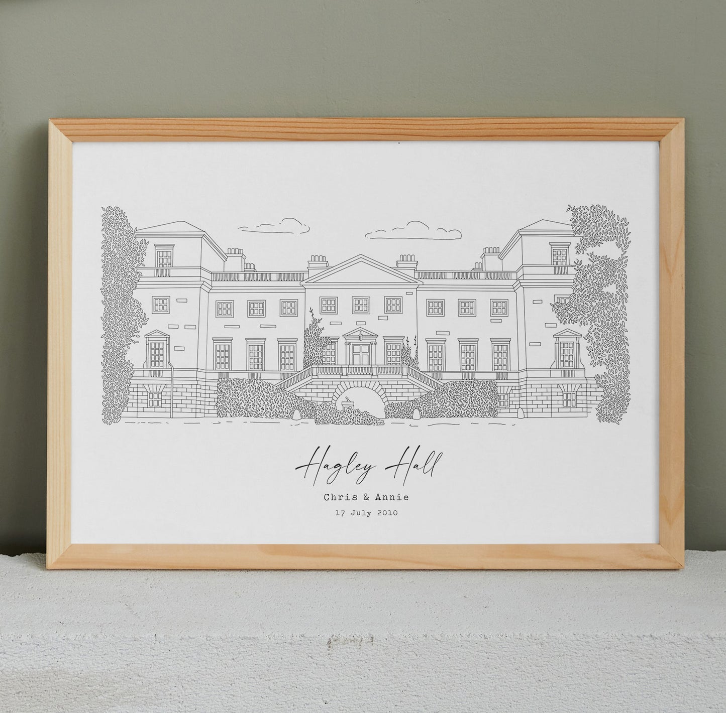 HAGLEY HALL - Hand Drawn Wedding Venue Print- Wedding Gift, 1st Wedding Anniversary Present - DIGITAL PRINT