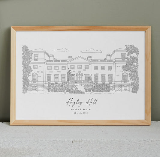 HAGLEY HALL - Hand Drawn Wedding Venue Print- Wedding Gift, 1st Wedding Anniversary Present - DIGITAL PRINT