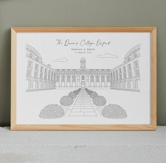 QUEEN'S COLLEGE, OXFORD - Hand Drawn Wedding Venue Print- Wedding Gift, 1st Wedding Anniversary Present - DIGITAL PRINT (Copy)