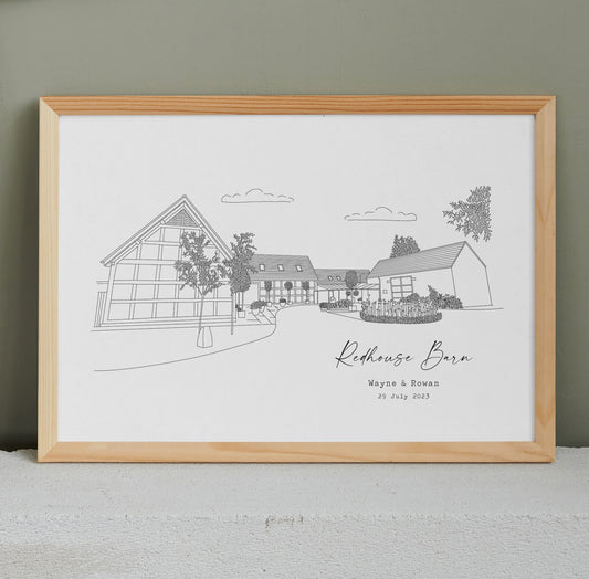 REDHOUSE BARN - Hand Drawn Wedding Venue Print- Wedding Gift, 1st Wedding Anniversary Present - DIGITAL PRINT