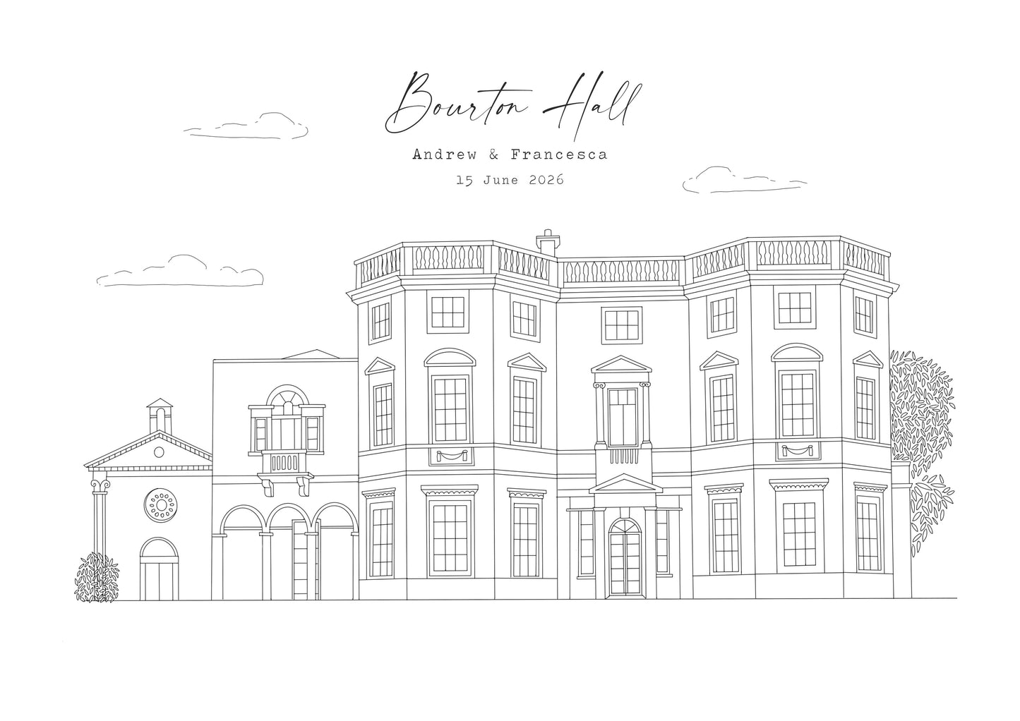 BOURTON HALL - Hand Drawn Wedding Venue Print- Wedding Gift, 1st Wedding Anniversary Present - DIGITAL PRINT