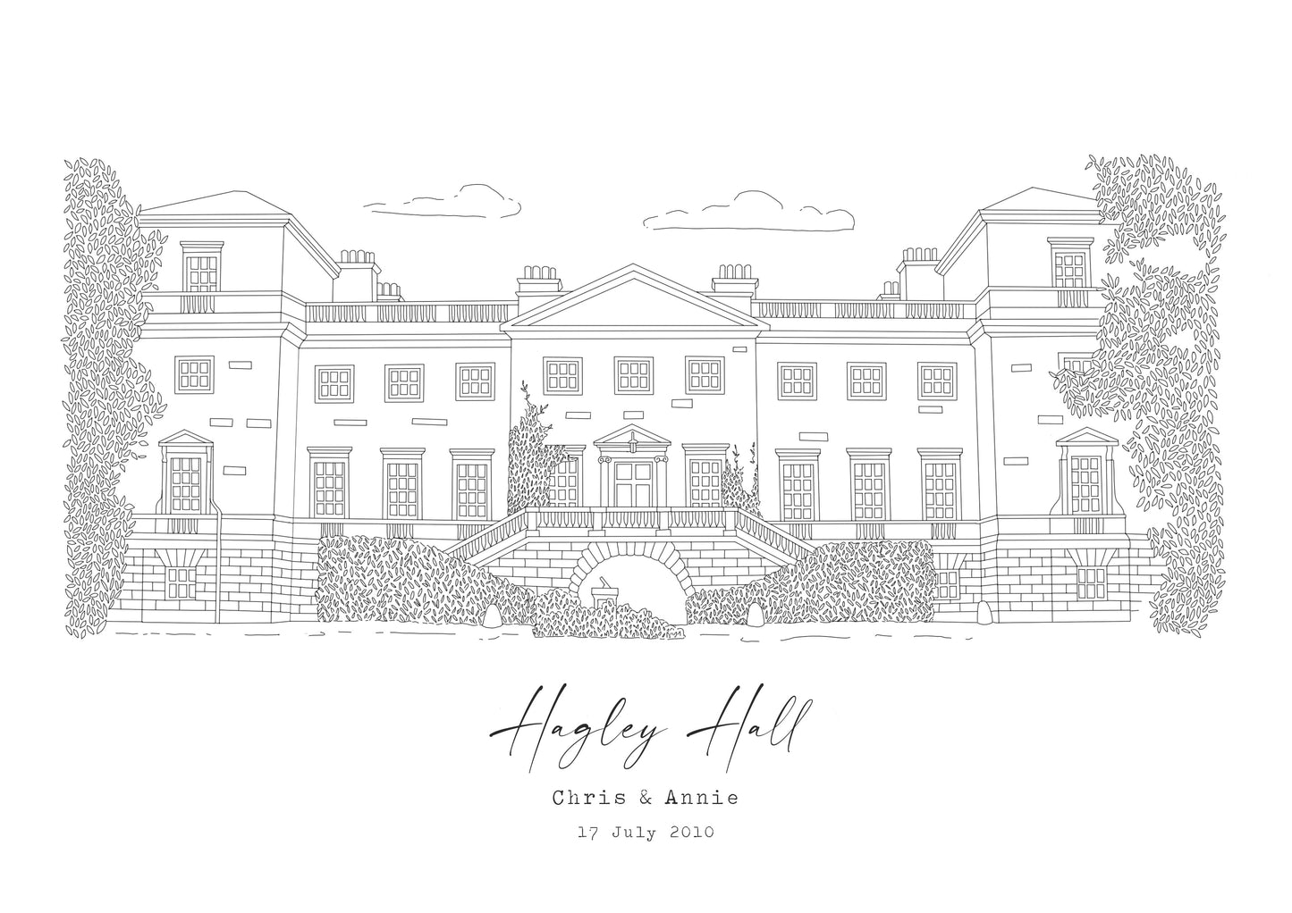HAGLEY HALL - Hand Drawn Wedding Venue Print- Wedding Gift, 1st Wedding Anniversary Present - DIGITAL PRINT