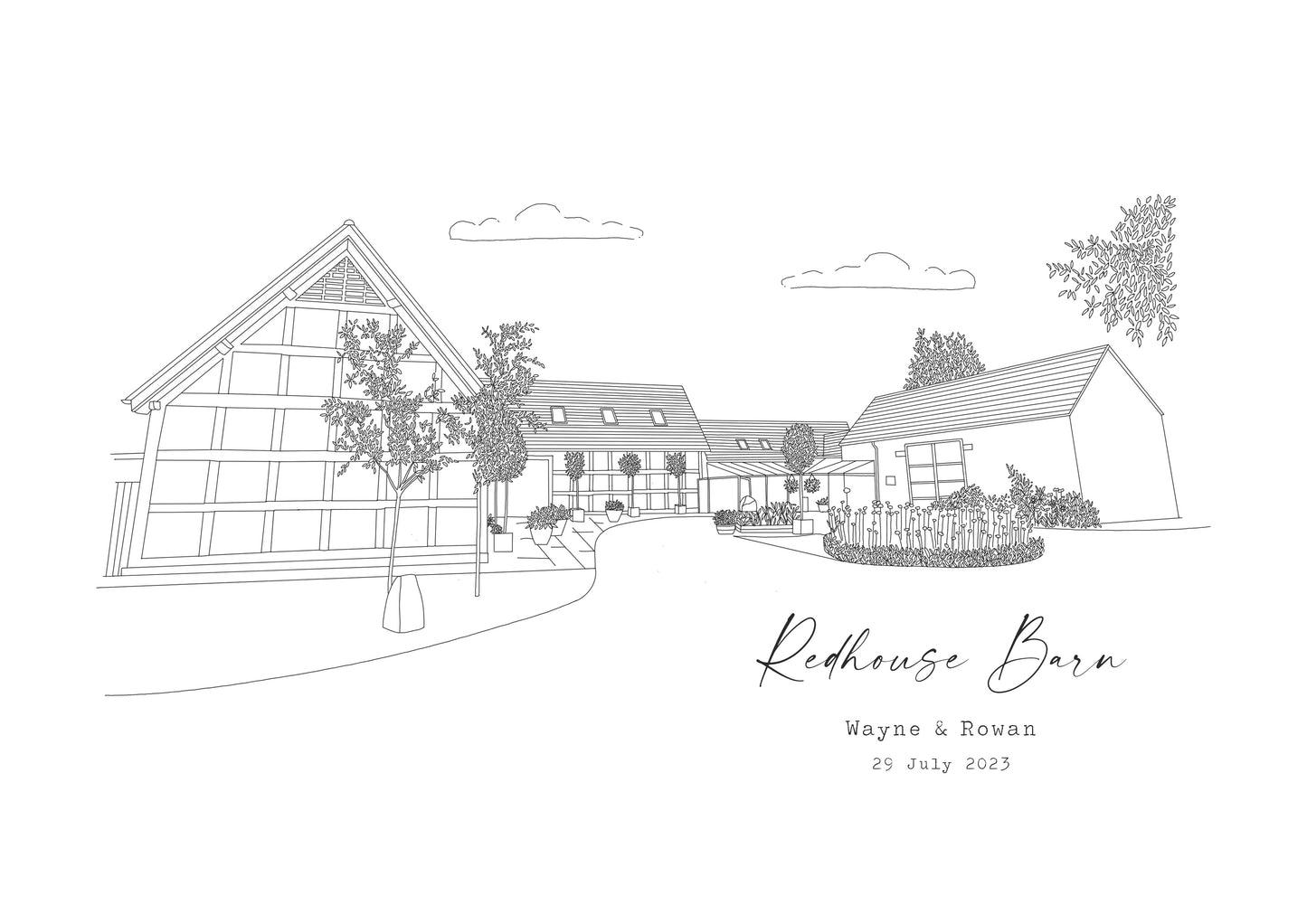 REDHOUSE BARN - Hand Drawn Wedding Venue Print- Wedding Gift, 1st Wedding Anniversary Present - DIGITAL PRINT