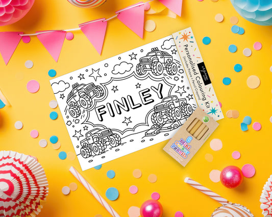 Personalised Colouring Kit (Includes Pencils) – MONSTER TRUCK theme - party bags - party activity