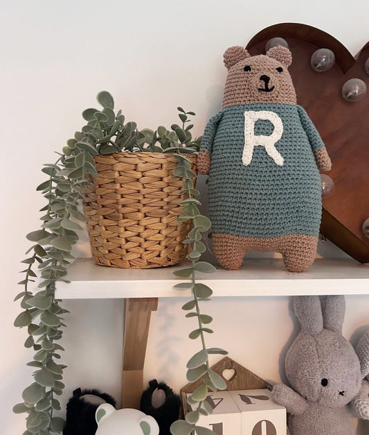 Crocheted teddy bear, personalised teddy bear, first teddy